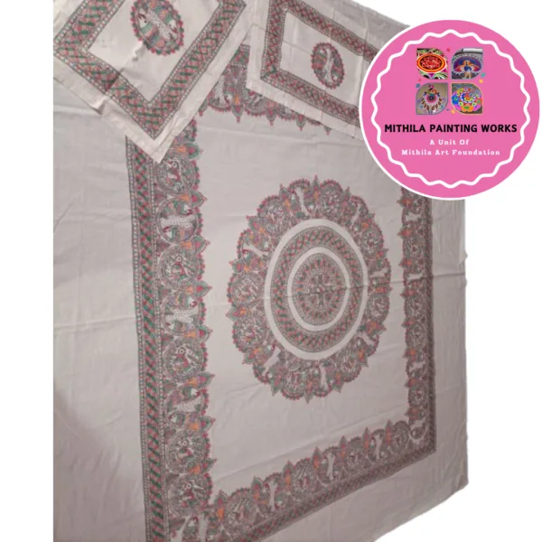 Madhubani Hanpainted Cotton Bedsheet With Pillow