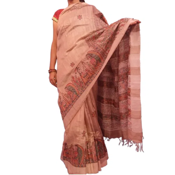 Madhubani Hand-Painted linen Cotton Saree With Traditional Dulha Dulhan Theme